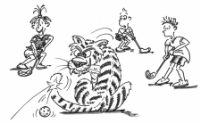 Comic: Drei Kinder versuchen den Ball an einem Tiger vorbei zu spielen.