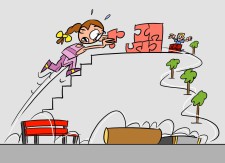 Fumetto: una ragazzina corre lungo un percorso disseminato di ostacoli diversi.