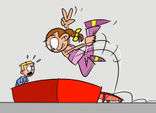 Fumetto: una bambina esegue un'acrobazia saltando su un minitrampolino osservata attentamente da un compagno