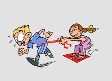 Comic: Ein Junge zieht ein Mädchen, das mit einem Seil an dem Jungen festhält.