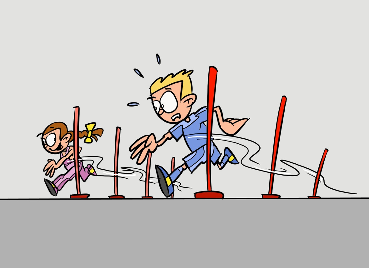 Comic: Ein Mädchen und ein Junge führen rennend einen Parrallelslalom aus.