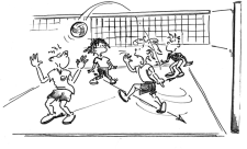Comic: Eine Gruppe beim Netzball spielen.