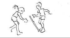 Disegno: un bambino lascia cadere un bastone e una compagna cerca di afferrarlo prima che cada a terra