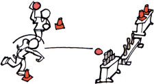 Dessin: deux enfants lancent des balles sur des cibles posées sur des engins.