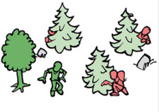 Disegno: dei bambini giocano a nascondino dietro a degli alberi di un bosco