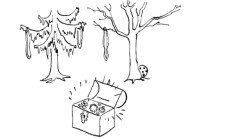 Comic: Eine Schatztruhe im Schatten eines Baums.