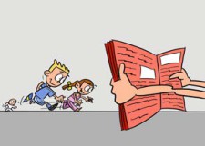 Dessin: deux mains tiennent un journal au premier plan pendant que deux enfants courent en arrière-plan.