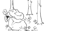 Fumetto: un bambino si nasconde dietro a una grossa pietra nel bosco