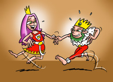 Comic: Junge Frau und junger Mann tanzen als Königin und König verkleidet.