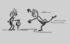 Dessin: un enfant essaie de prendre un ballon qu'un adversaire fait rebondir.