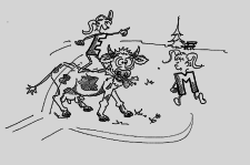 Fumetto: un bambino è in piedi sopra una mucca e un altro gli corre accanto.