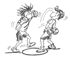 Fumetto: due bambini boxano con un piede ciascuno in un cerchio