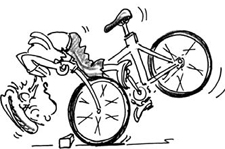 Fumetto: un piccolo ciclista frena bruscamente davanti a un piccolo ostacolo e la ruota posteriore della bici si solleva