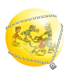 Disegno: dei giocatori in piena partita racchiusi in una sfera gialla chiusa da un catenaccio 