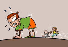 Comic: Ein Kind macht die Brücke, zwei Rennen im Hintergrund umher.
