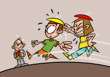 Comic: Ein Kind rennt einem anderen hinterher und versucht, ihm den Hut wegzuschnappen.
