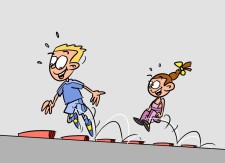 Disegno: un ragazzino e una ragazzina saltano sopra a degli ostacoli