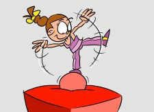 Dessin: une fille se tient en équilibre sur une jambe sur un ballon posé sur un gros tapis.