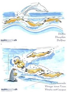 Due disegni che raffigurano i test di base di nuoto