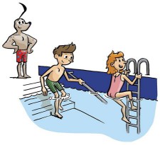 Comic: Ein Knabe steigt die Treppe hinunter während ein Mädchen die Leiter ins Bassin nimmt. Der SSL überwacht die Situation.