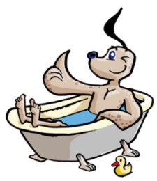 Comic: Maskottchen Bobby sitzt in einer Badewanne.