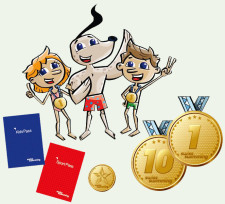 Zeichnung: Das Auszeichnungssystem von Swiss Swimming, präsentiert von Bobby, Tina und Tim.