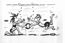 Comic: Zwei Kinder unter Wasser tauschen sich einen Tauchring aus.