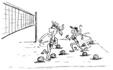 Disegno: due bambini corrono su un campo da beach volley ed evitano dei palloni