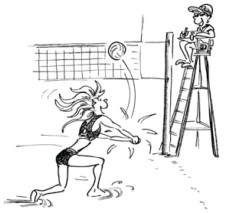 Comic: Eine Spielerin führt eine Manschette durch, während der Schiedsrichter sie beobachtet.