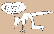 Dessin: un enfant chante dans la position suivante: les deux mains et une jambe au sol, l'autre jambe tendue en l'air.