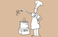 Dessin: un cuisinier cuit des pâtes.