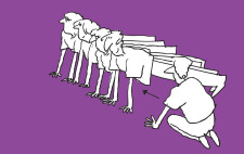 Disegno: cinque bambini sono uno accanto all'altro in posizione di appoggio frontale, un seso li guida nei movimenti