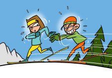 Disegno: due bambini si rincorrono con gli sci di fondo ai piedi in un bosco innevato