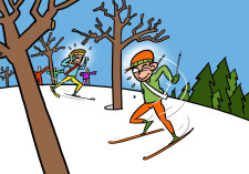 Disegno: due bambini si inseguono con gli sci di fondo ai piedi fra gli alberi di un bosco