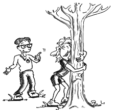 Fumetto: una donna abbraccia un albero e un uomo la guarda con il pollice alzato