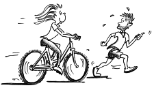 Dessin: une femme se déplace à vélo, un homme à pied.