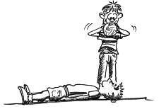 Comic: Eine Person liegt auf dem Rücken am Boden, auf Kopfhöhe steht eine weitere Person mit einem Ball in der Hand, den sie bald loslässt.