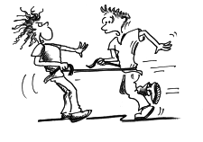 Comic: Zwei Personen sind auf Hüftehöhe aneinander gebunden und versuchen, sich aus dem Gleichgewicht zu bringen.