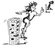 Fumetto:una donna corre accanto a una torre fatta di legnetta Jenga