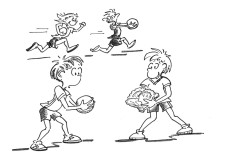 Disegno: quattro bambini hanno una palla in mano e si inseguono