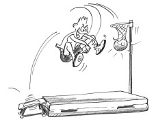 Dessin: Un enfant effectue un saut sur un mini-trampoline et marquent un panier.