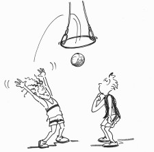 Dessin: Sous le regard d'un camarade, un enfant lance son ballon dans un cerceau accroché aux anneaux.