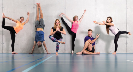 Foto: sei giovani posano in una palestra in sei posizioni di yoga diverse