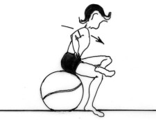 Dessin: Assis sur le grand ballon de gymnastique, un pied sur le genou opposé, le sportif incline le haut du corps vers l’avant. 