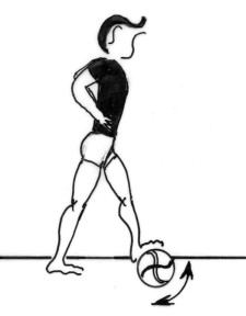 Disegno: una persona in piedi fa rotolare una palla sotto la pianta di un piede.