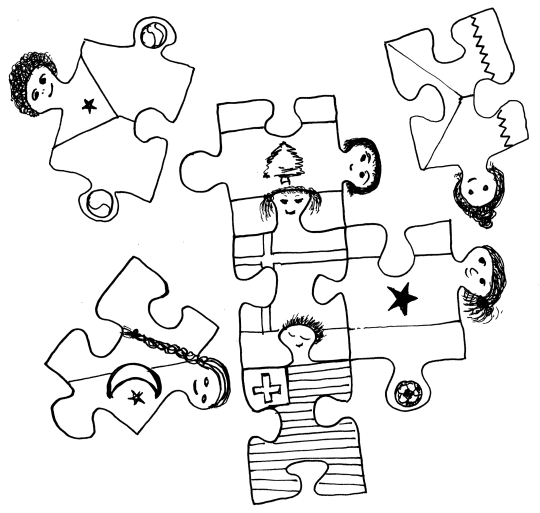 Zeichnung: Puzzle mit vielen Köpfen und Flaggen.
