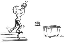 Comic: Kind balanciert auf Langbank und versucht einen Ball in einen Ballwagen zu werfen.