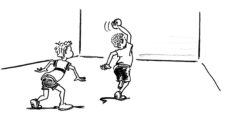 Comic: zwei Kinder werfen einen Ball gegen eine Wand.