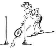 Comic: ein Kind lässt einen mit einem Tennisschläger geschlagenen Ball durch zwei Malstäbe hindurch rollen.
