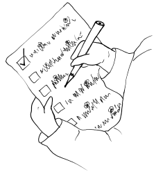 Zeichnung: Hand mit Bleistift, die eine Checkliste ausfüllt.